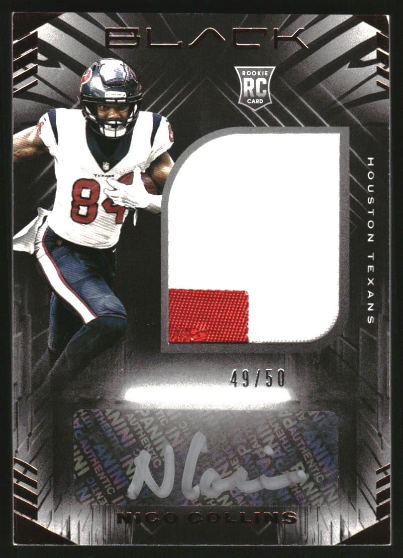 Front of a 2021 Panini Black Nico Collins rookie patch autograph card, a red jersey swatch beside the signature