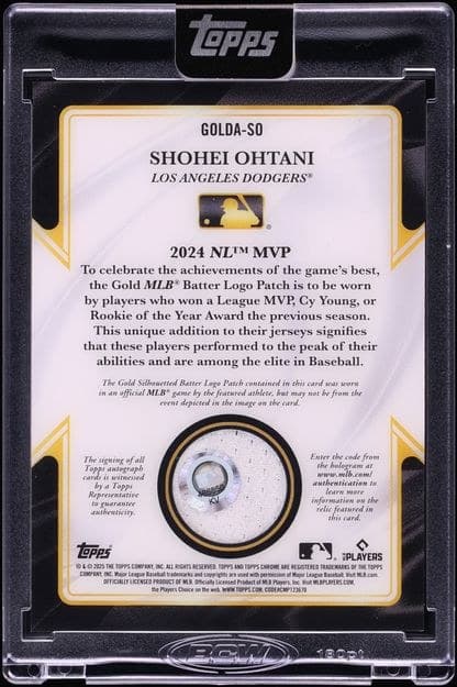 Card back stating the gold logo patch was worn in an official MLB game by the featured athlete, with a hologram and an MLB authentication code