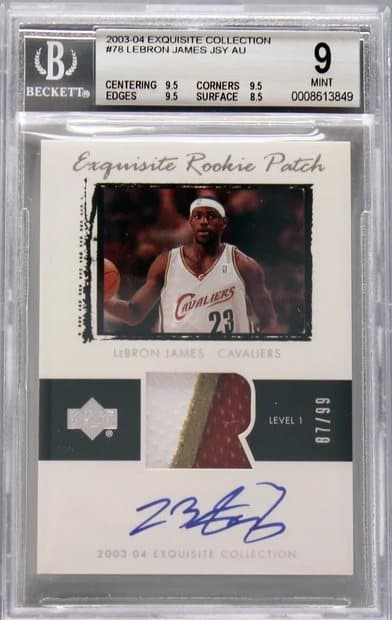 A 2003-04 Upper Deck Exquisite LeBron James rookie patch autograph, serial 87/99, in a BGS 9 Mint holder