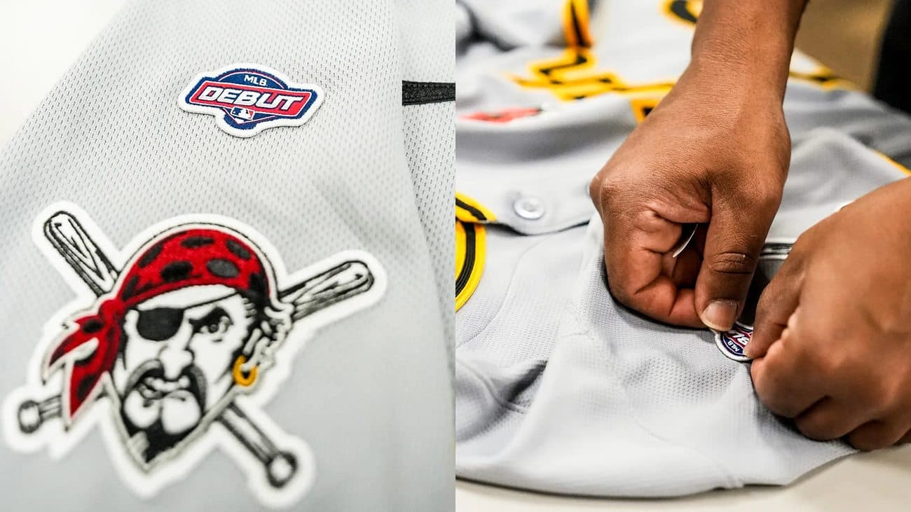 Two panels showing an MLB Debut patch on a Pittsburgh Pirates jersey and a pair of hands affixing the patch