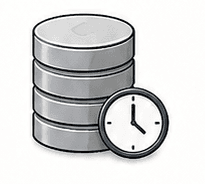 Illustration of a database stack beside a clock