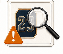 Illustration of a numbered patch card under a magnifying glass with a warning mark