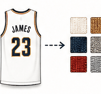 Illustration of a number 23 jersey beside the swatches cut from it