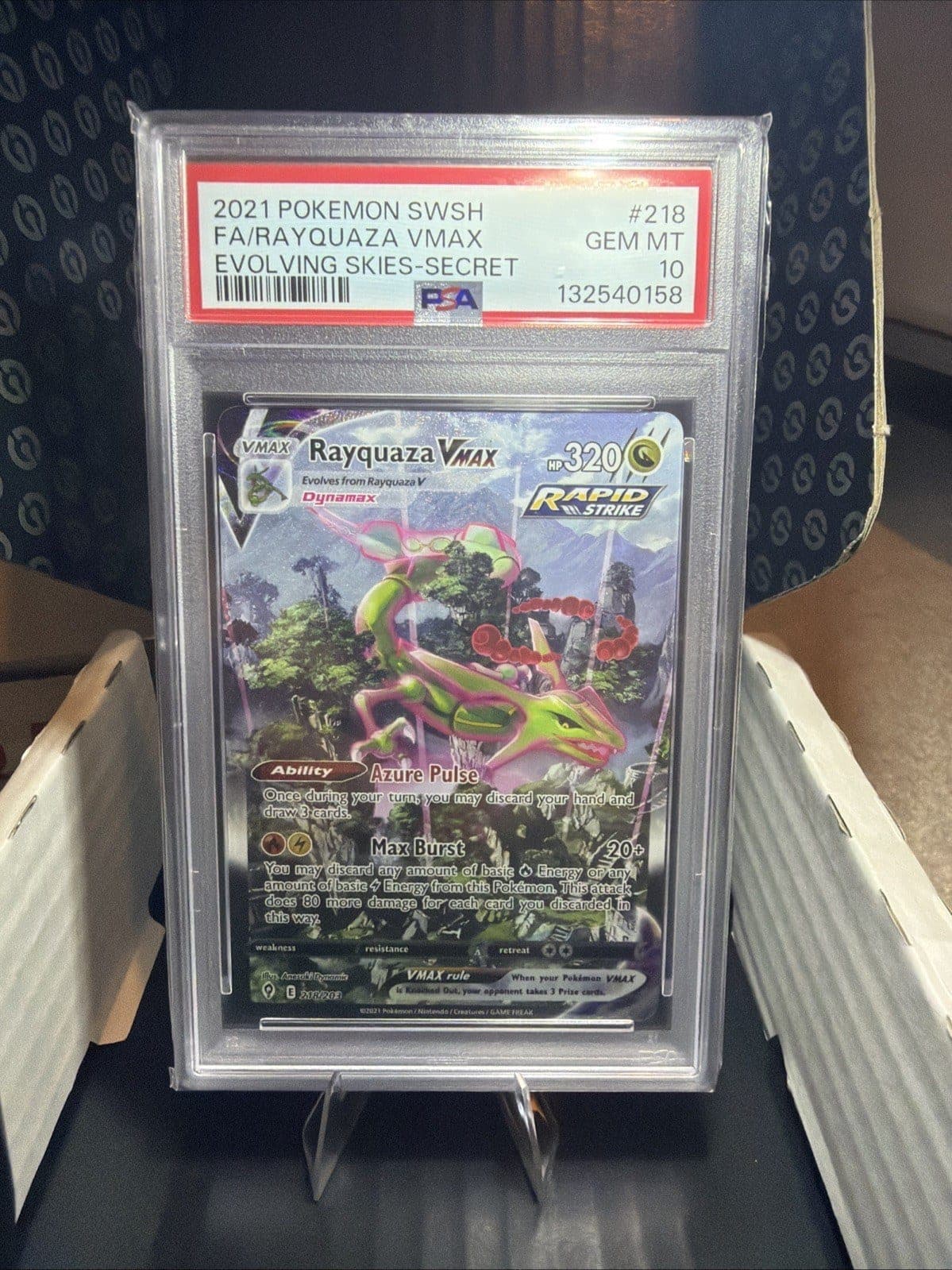 Rayquaza VMAX alternate art number 218 from Evolving Skies, in a PSA 10 holder