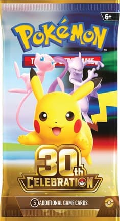 A 30th Celebration booster pack wrapper featuring Pikachu, Mew and Mewtwo