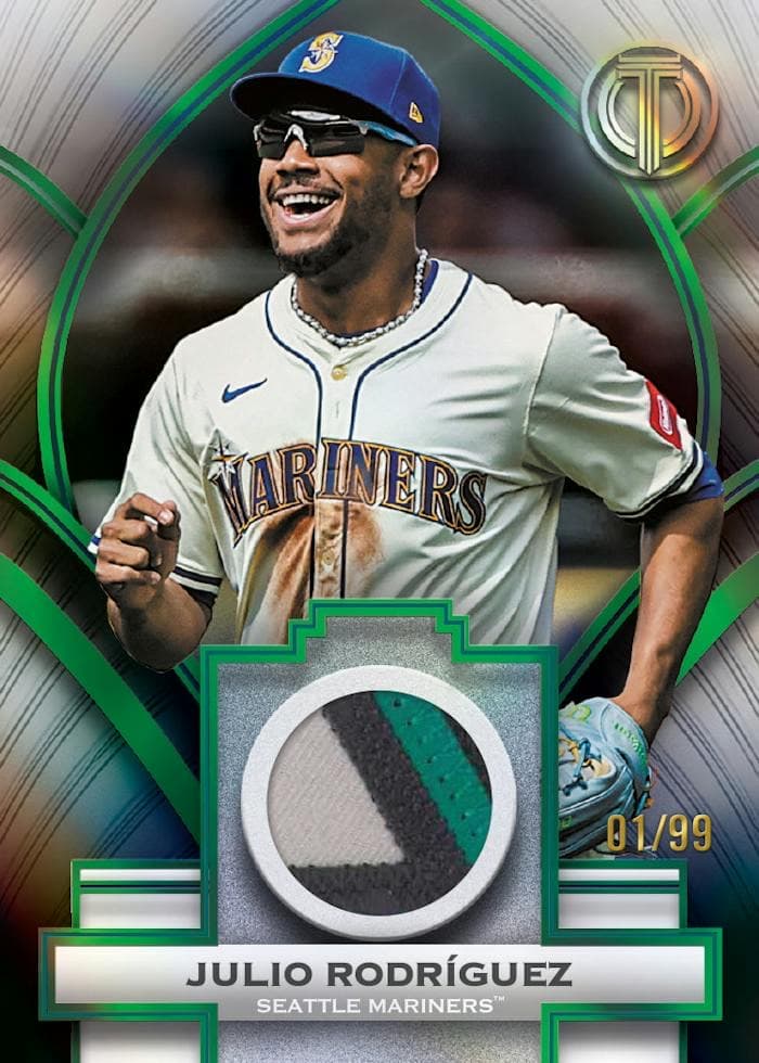 A 2026 Topps Tribute Julio Rodriguez patch card numbered to 99, shown on the Topps EQL launch page
