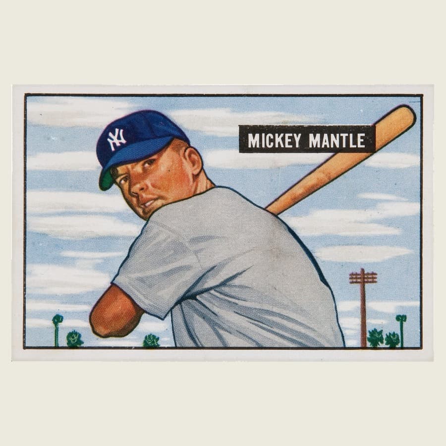 The 1951 Bowman Mickey Mantle card, a painted portrait of Mantle batting