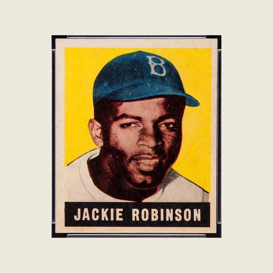The 1948 Leaf Jackie Robinson card front on a yellow background