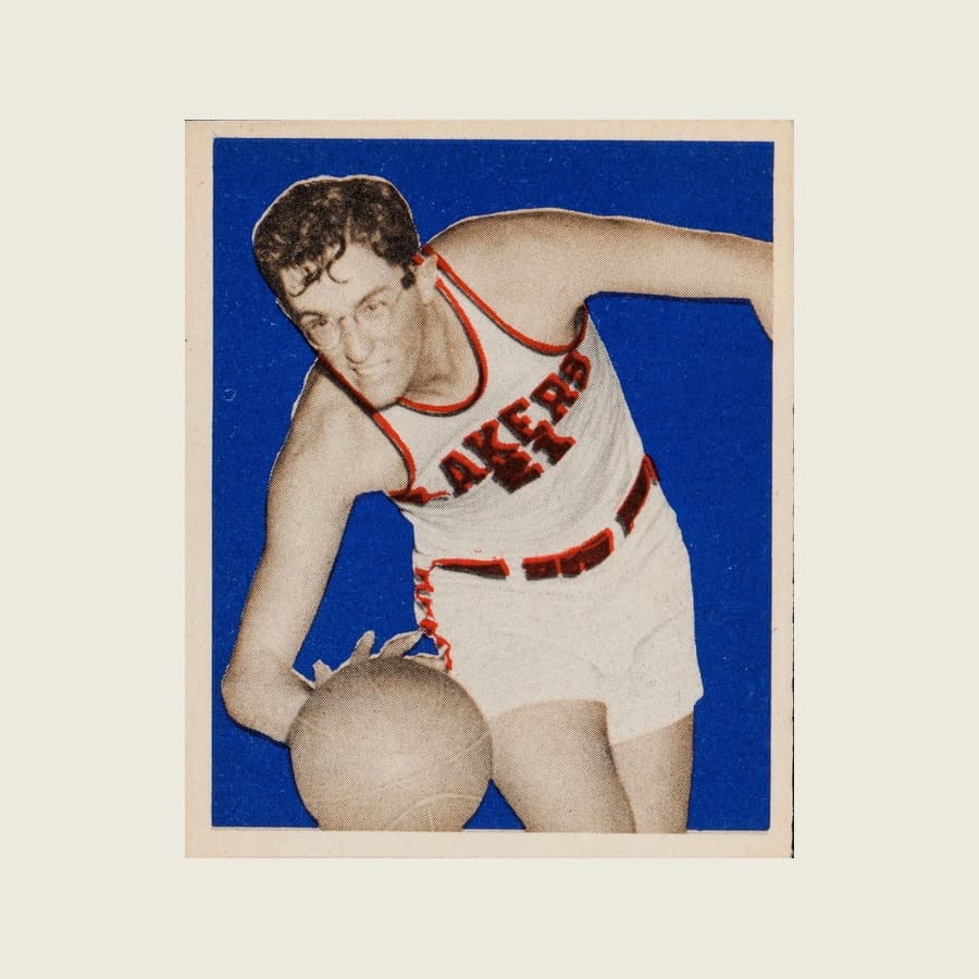 The 1948 Bowman George Mikan card front on a blue background
