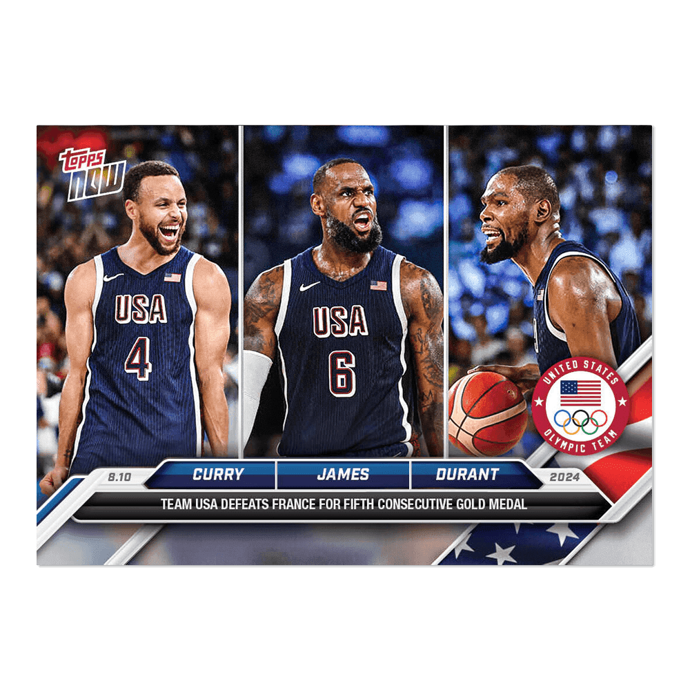 The 2024 Olympic Topps NOW card featuring Stephen Curry, LeBron James and Kevin Durant