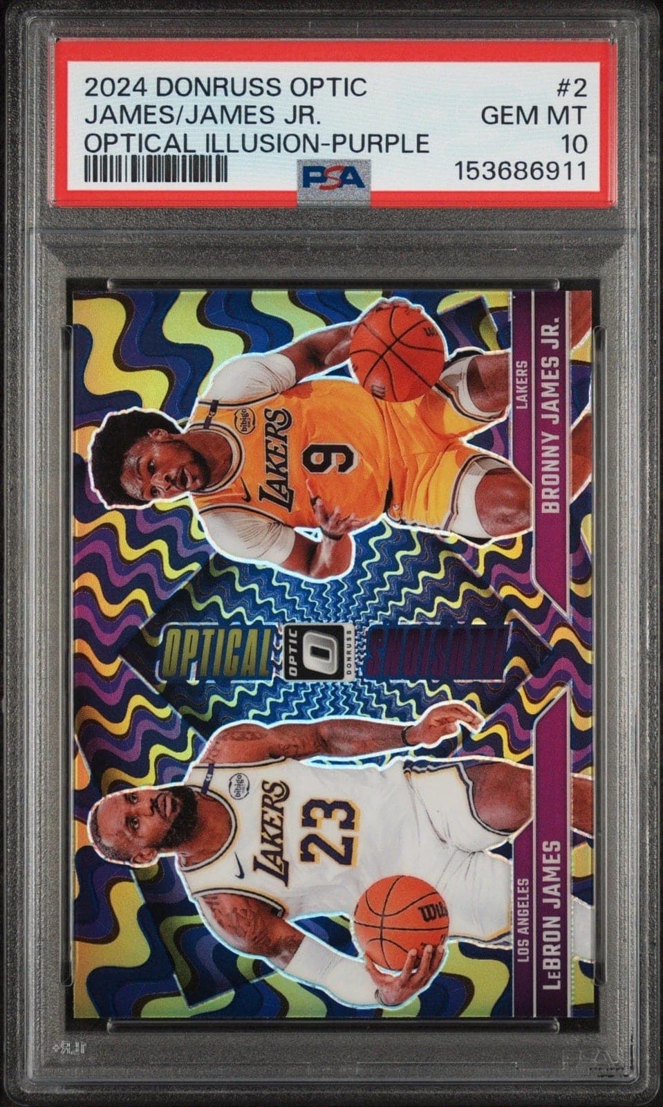 A 2024 Donruss Optic Optical Illusions Purple card of LeBron James and Bronny James Jr. in a PSA 10 holder