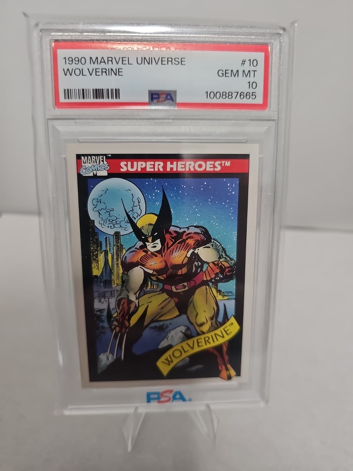 A 1990 Marvel Universe Wolverine #10 card graded PSA 10 Gem Mint in its holder
