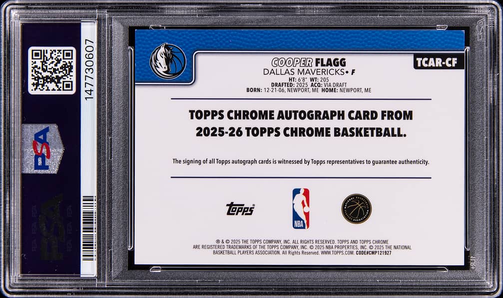 The back of the same card, carrying Topps's printed statement that a Topps representative witnesses the signing of every Topps autograph card