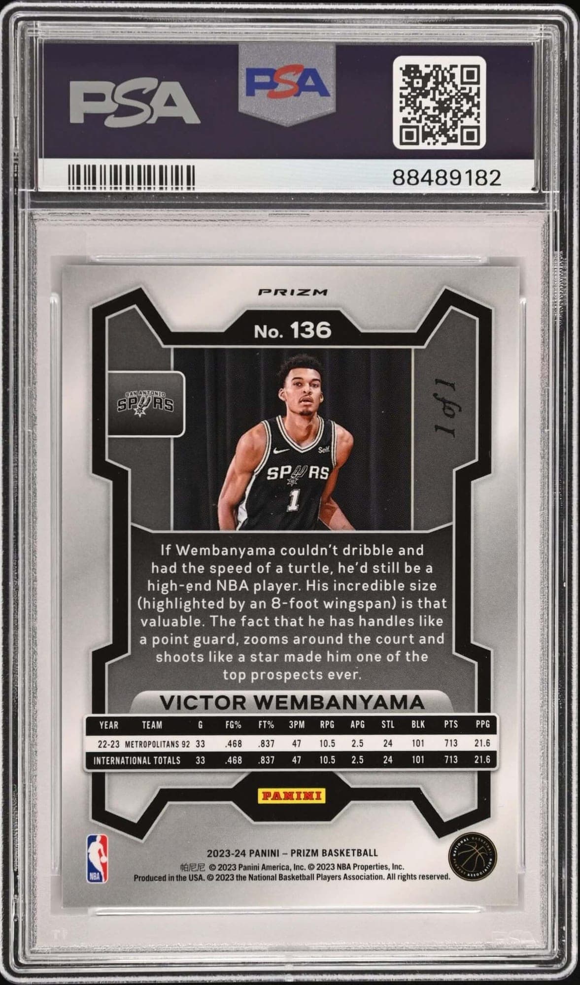The back of the same card, showing the 1 of 1 stamp and the PSA certification label