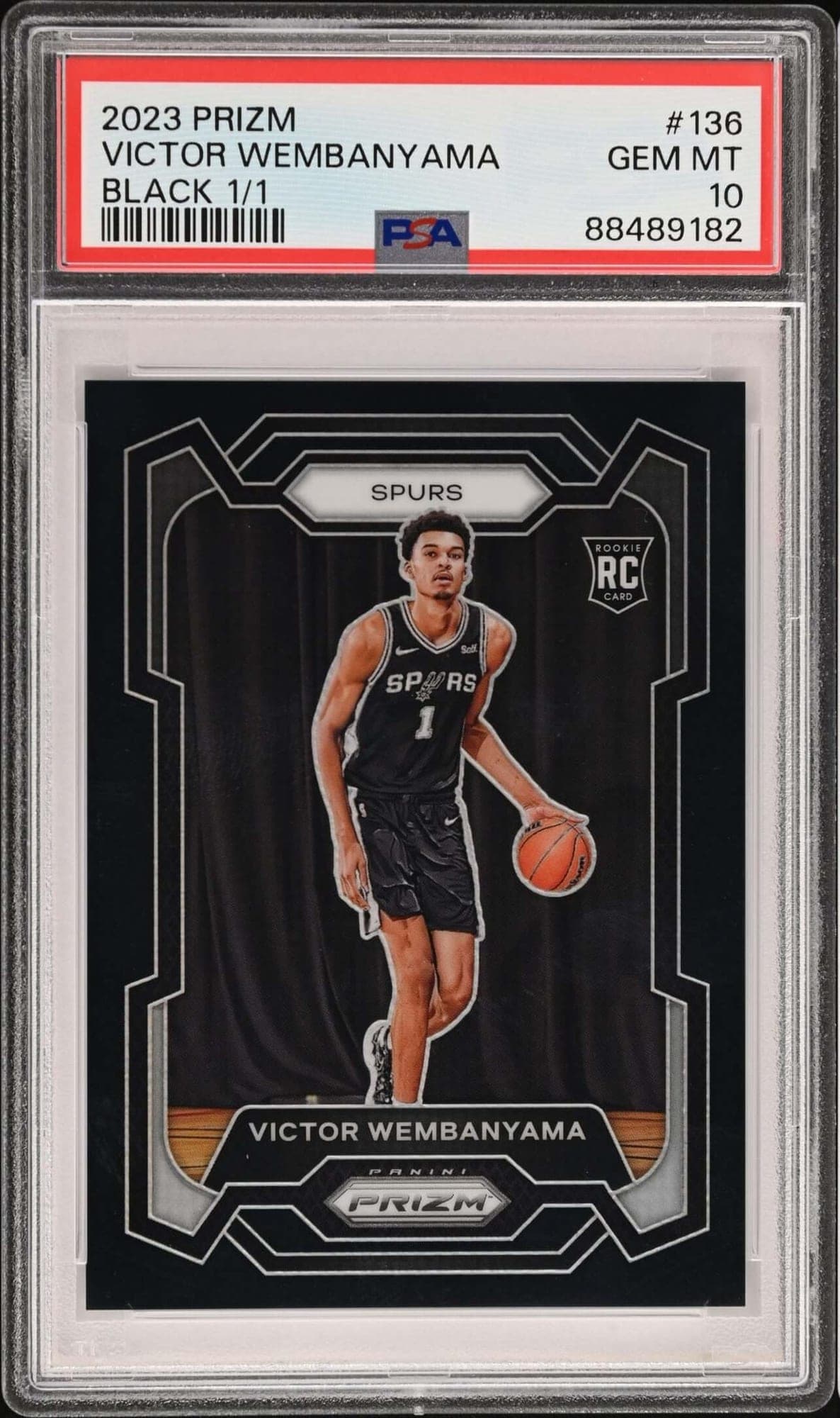 The 2023-24 Panini Prizm Black Victor Wembanyama #136 one-of-one rookie card, graded PSA 10 Gem Mint, front, in its holder