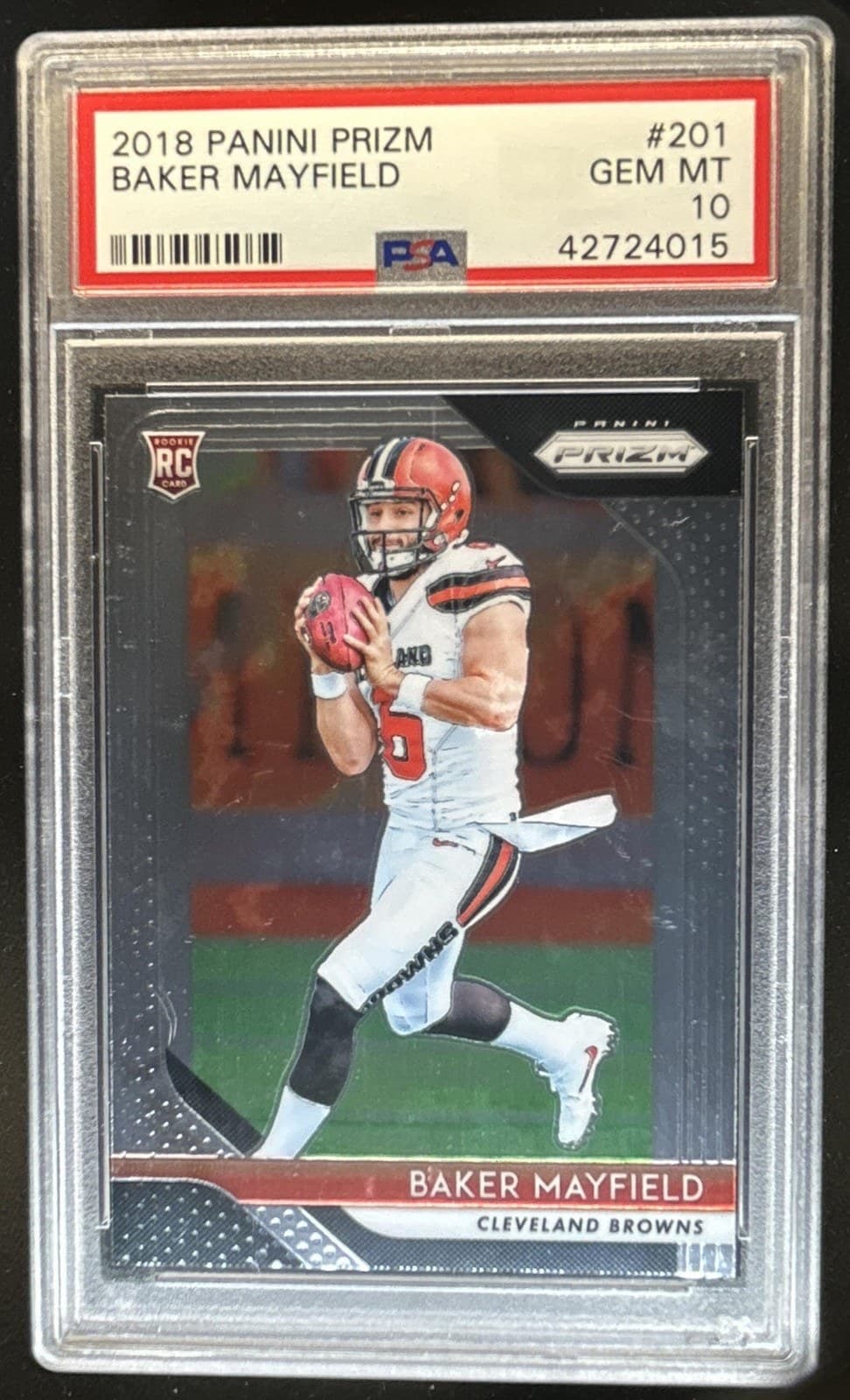 Baker Mayfield's 2018 Panini Prizm rookie card, number 201, in a PSA 10 holder