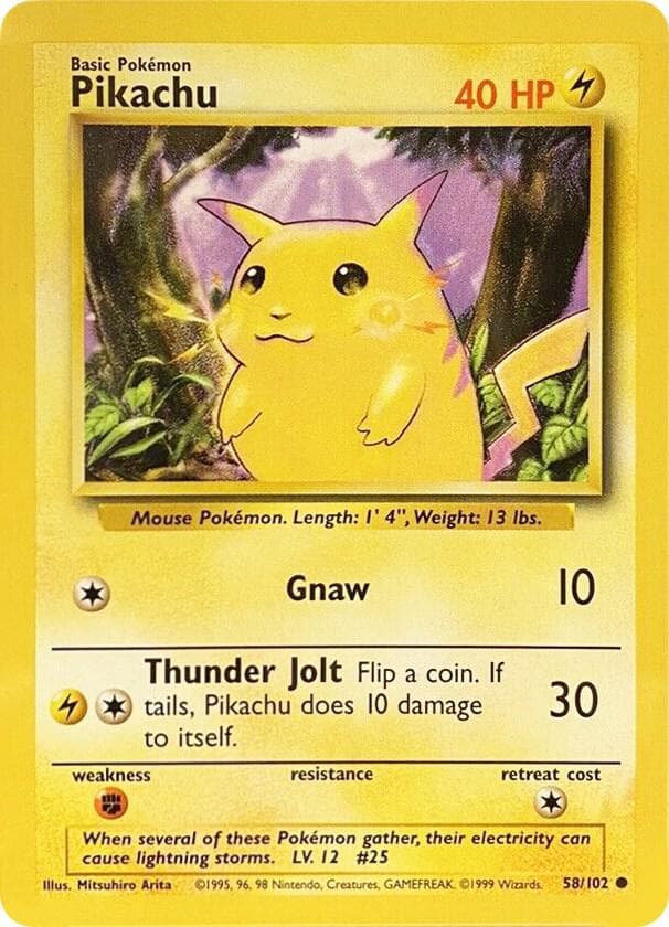1999 Pokémon Base Set Pikachu #58, raw card front