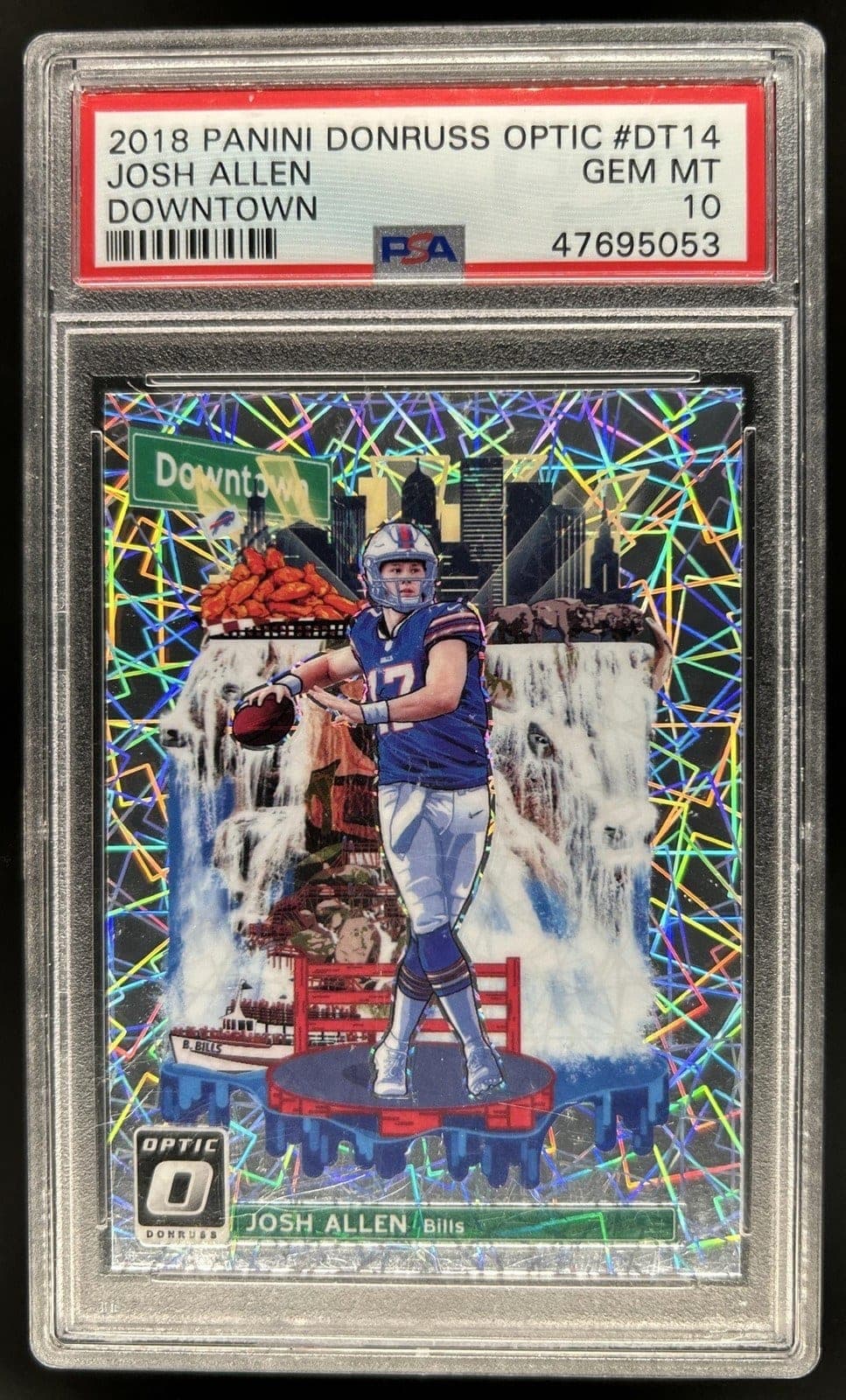 A 2018 Donruss Optic Downtown insert of Josh Allen, DT-14, cityscape artwork filling the card behind the quarterback, in a PSA 10 holder