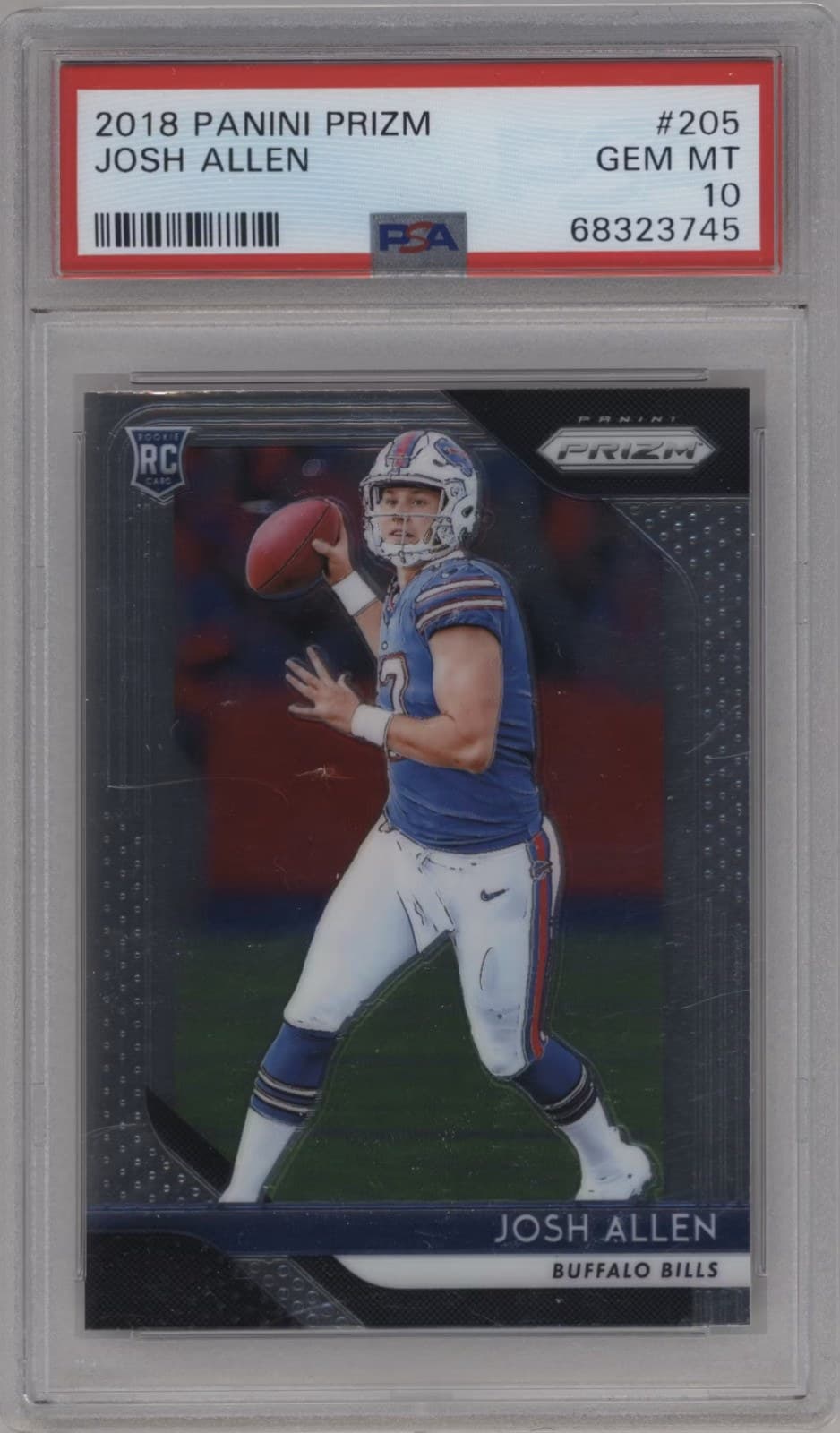 Josh Allen's 2018 Panini Prizm base rookie card, number 205, in a PSA 10 holder