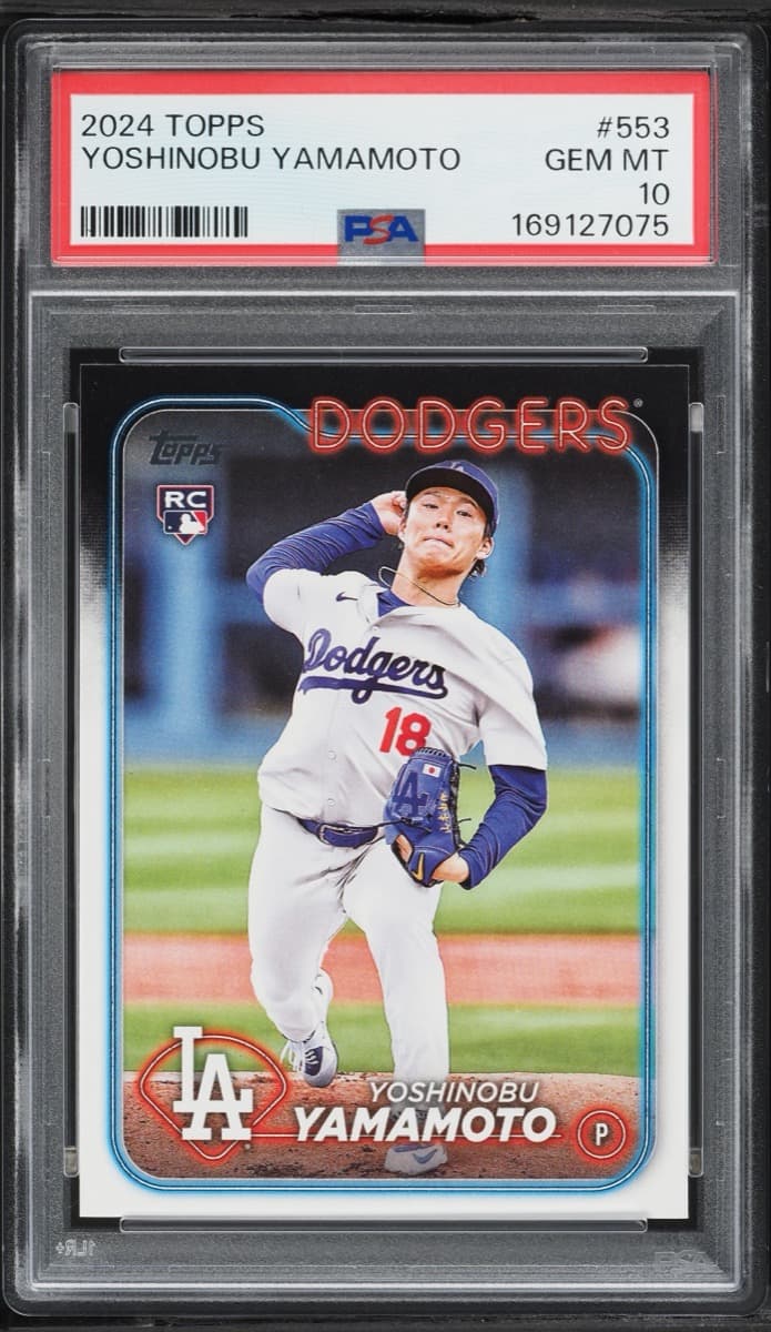 A 2024 Topps Yoshinobu Yamamoto rookie card, number 553, in a PSA 10 slab