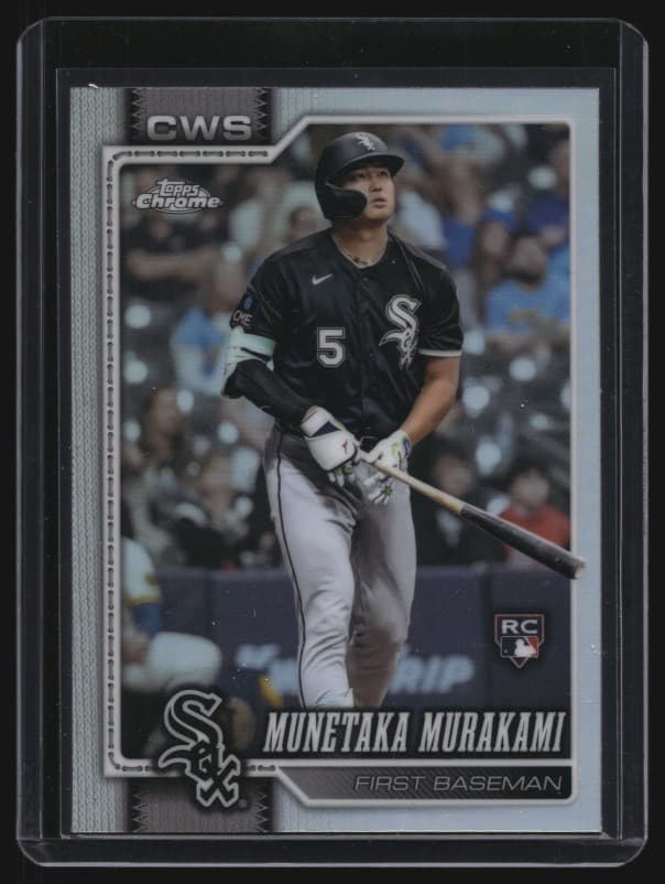 A raw 2026 Topps Chrome Munetaka Murakami Refractor rookie card, number 274, in a top loader