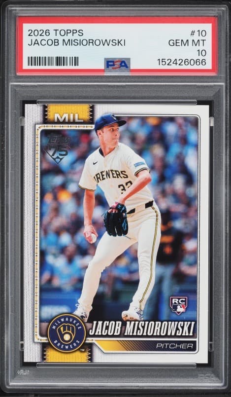A 2026 Topps Jacob Misiorowski rookie card, number 10, in a PSA 10 slab