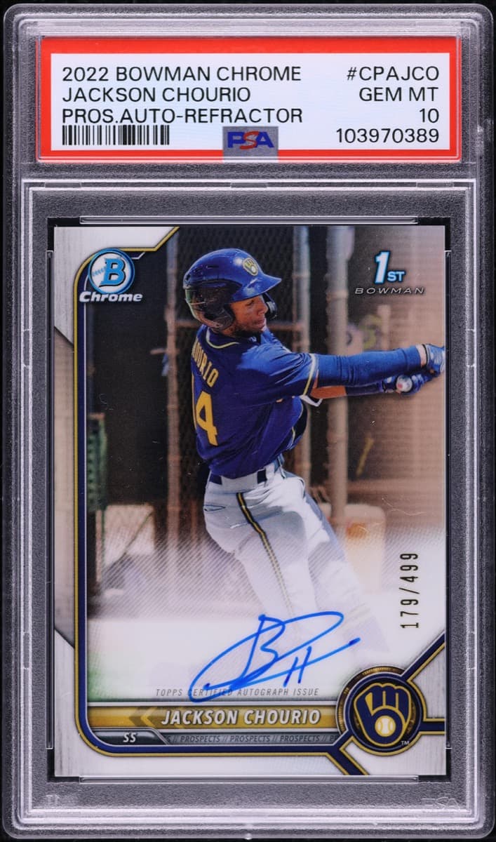 A 2022 Bowman Chrome Jackson Chourio autograph Refractor numbered to 499, in a PSA 10 slab