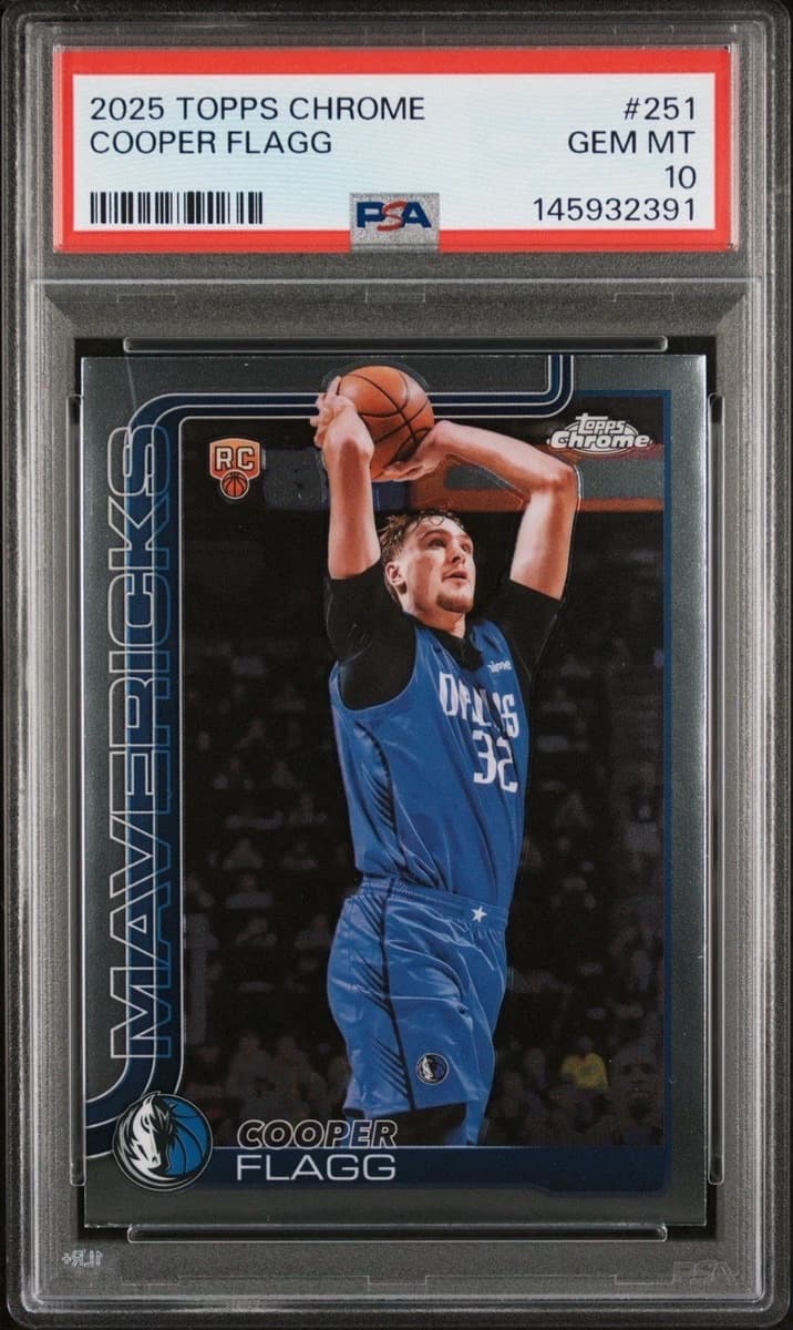 A 2025-26 Topps Chrome Cooper Flagg rookie card, number 251, in a PSA 10 slab