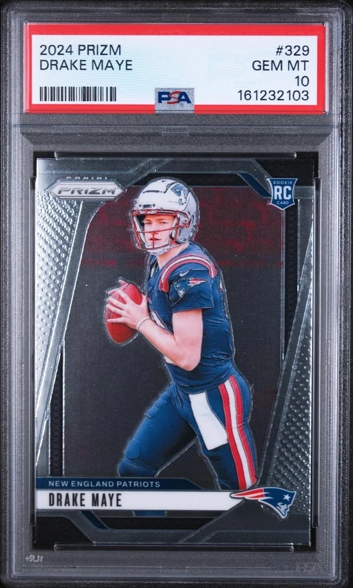 A 2024 Panini Prizm Drake Maye rookie card, number 329, in a PSA 10 slab