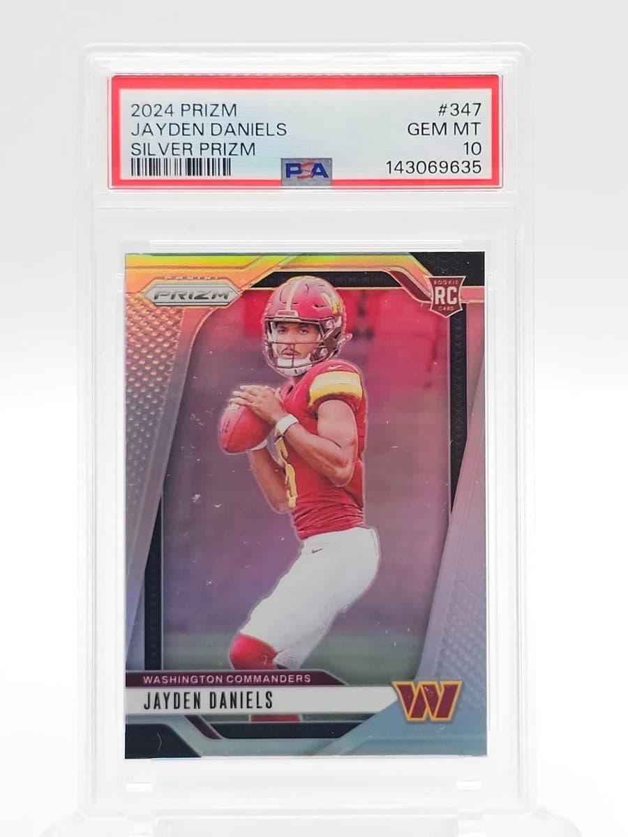 A 2024 Panini Prizm Silver Jayden Daniels rookie card, number 347, in a PSA 10 slab