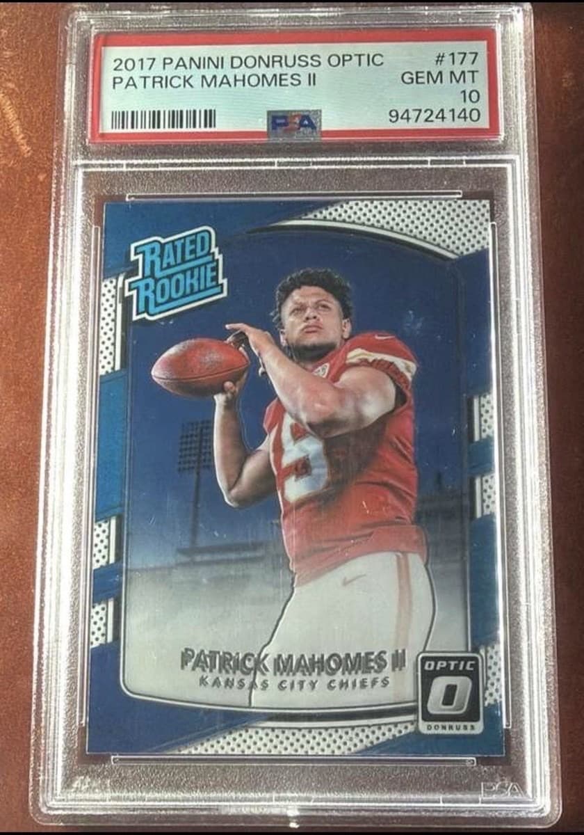 A 2017 Donruss Optic Patrick Mahomes Rated Rookie card, number 177, in a PSA 10 slab