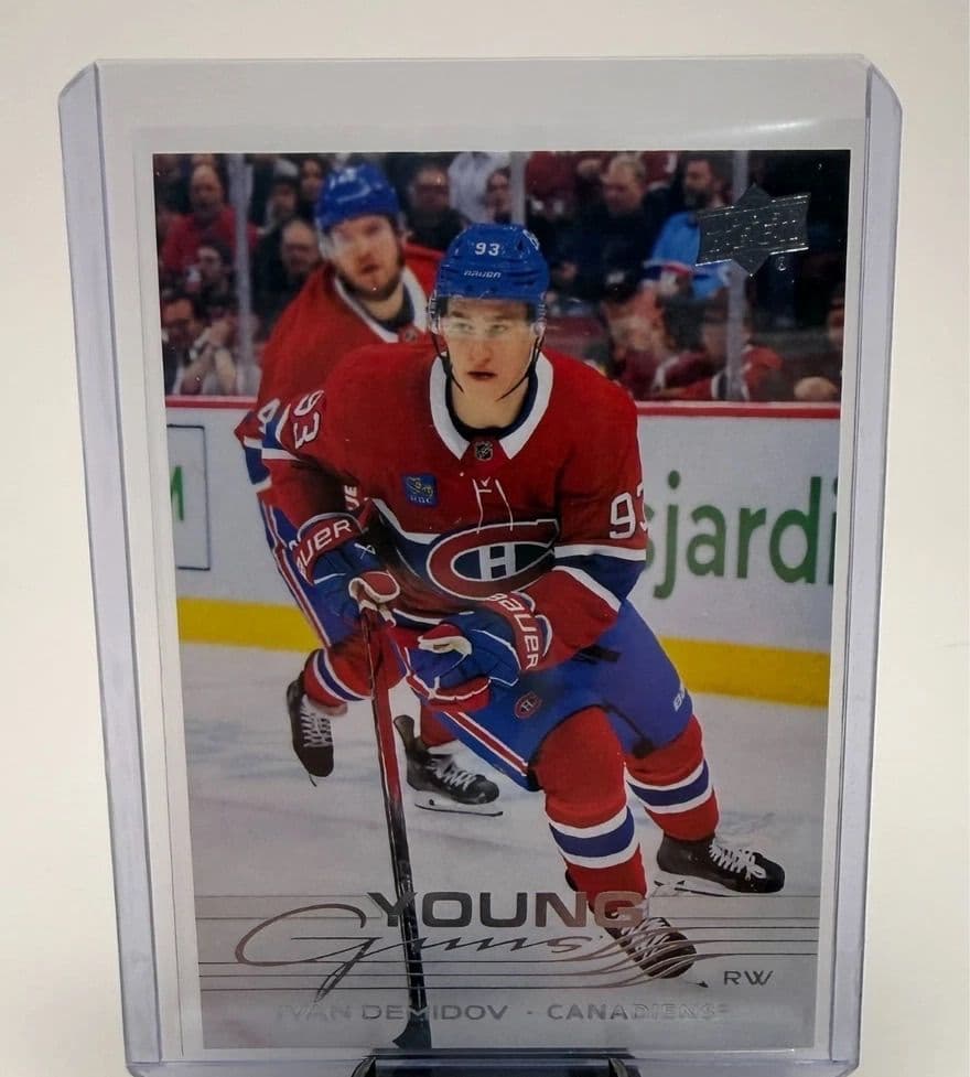 A raw 2025-26 Upper Deck Young Guns Ivan Demidov rookie card, number 205, in a top loader