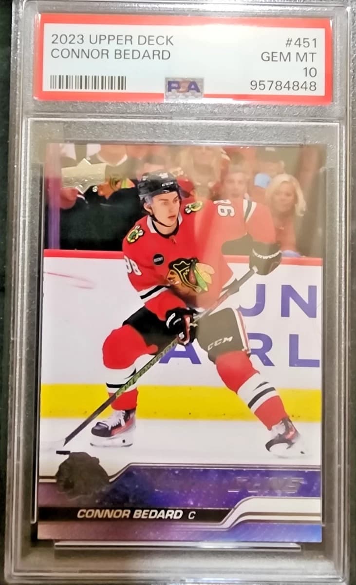 A 2023-24 Upper Deck Young Guns Connor Bedard rookie card, number 451, in a PSA 10 slab