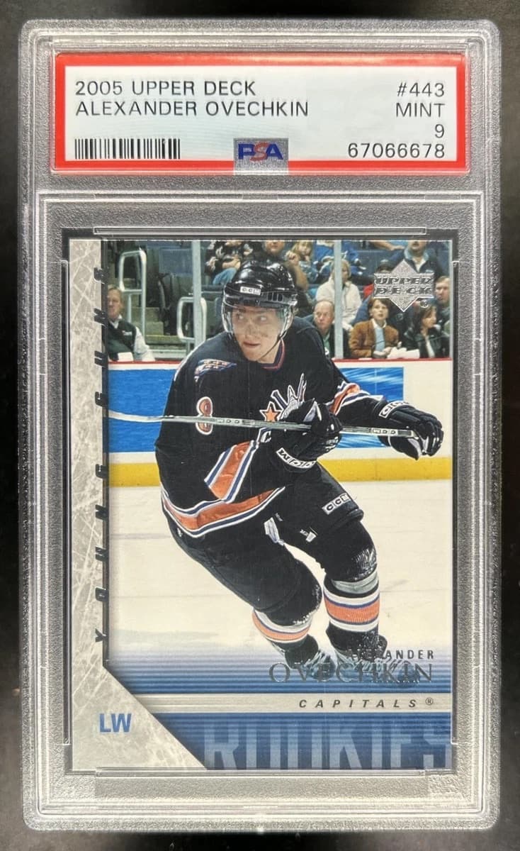A 2005-06 Upper Deck Young Guns Alex Ovechkin rookie card, number 443, in a PSA 9 slab
