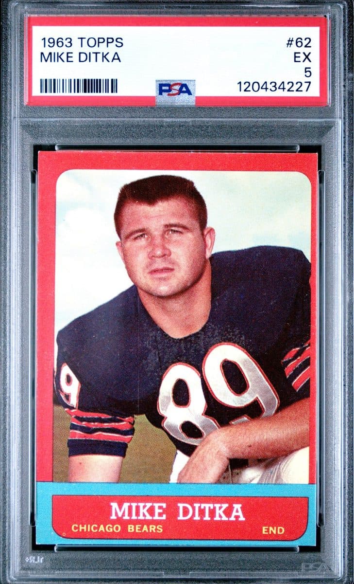 A 1963 Topps Mike Ditka card, number 62, in a PSA 5 slab