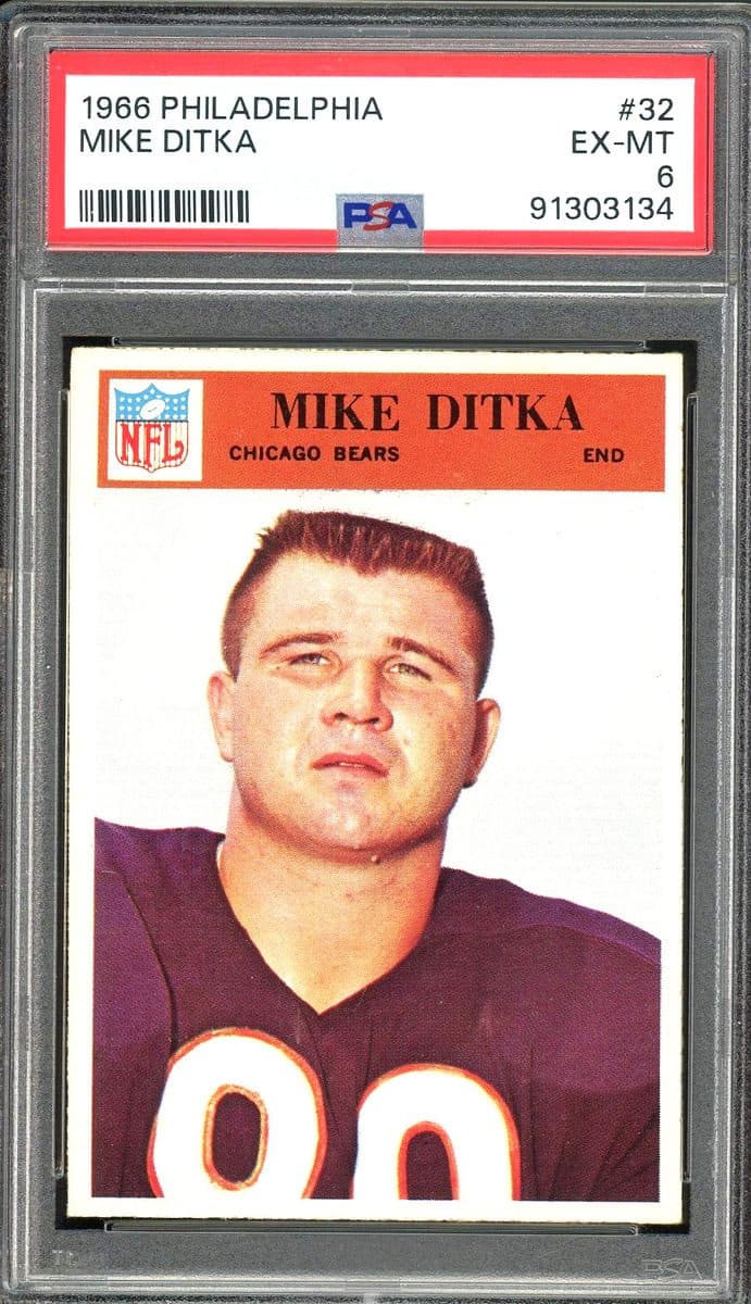 A 1966 Philadelphia Mike Ditka card, number 32, in a PSA 6 slab