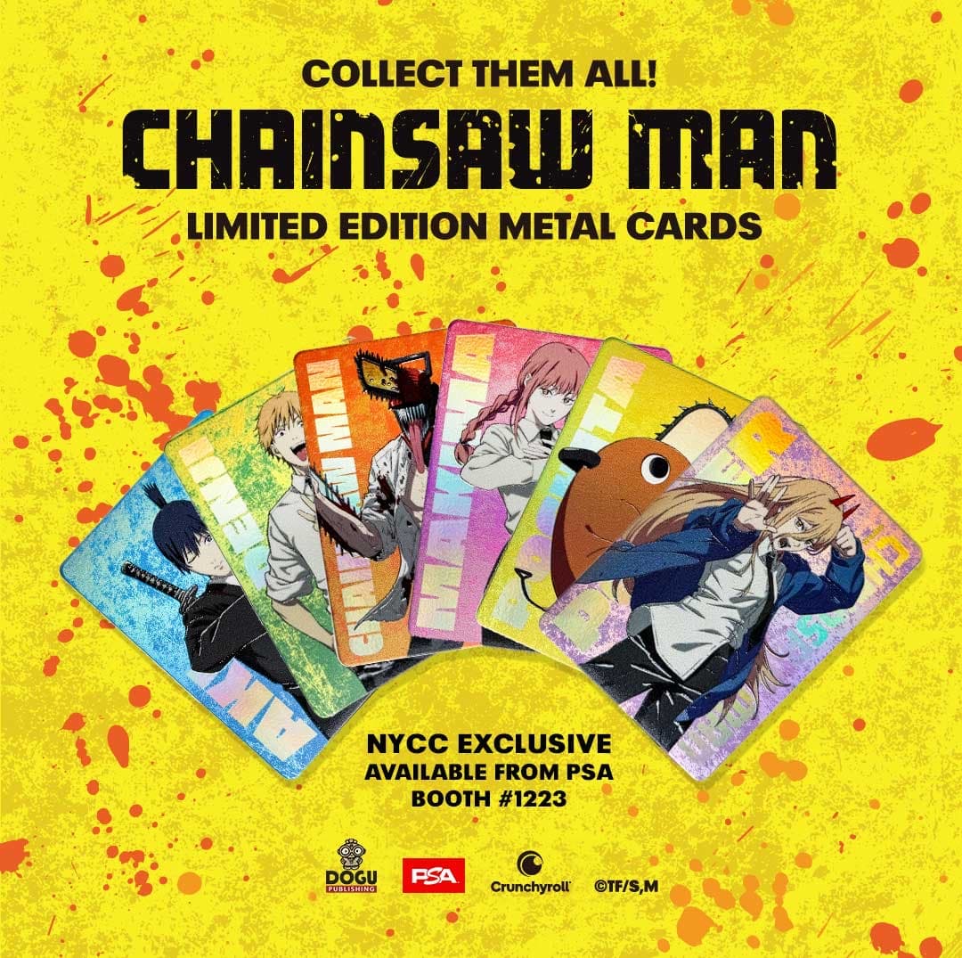 Dogu Publishing promotional art fanning out six Chainsaw Man metal cards, Aki, Denji, Chainsaw Man, Makima, Pochita and Power, over a yellow background