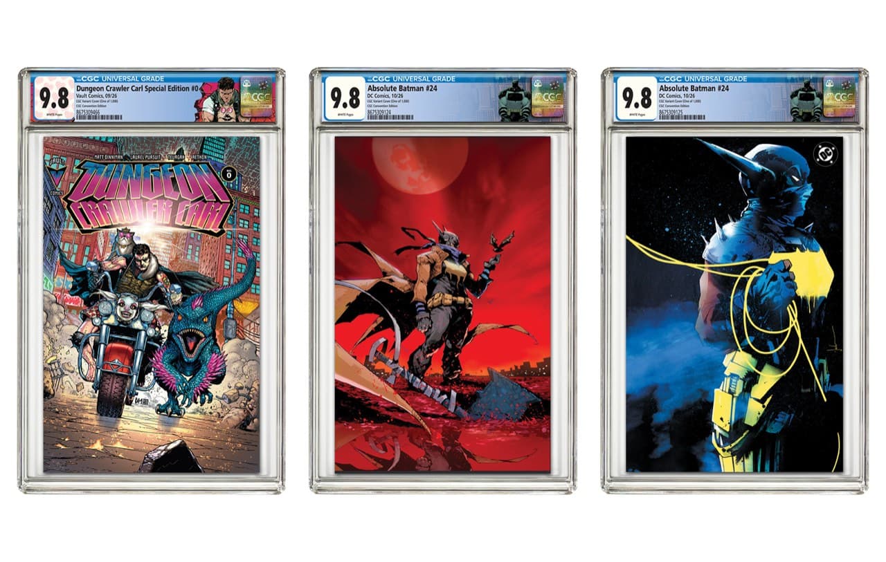 Three comic books in CGC holders graded 9.8, Dungeon Crawler Carl Special Edition No. 0 and two Absolute Batman No. 24 variant covers