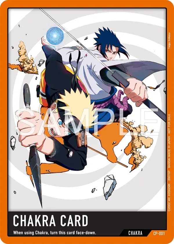 The CP-001 Chakra Card from the Naruto Card Game, showing Naruto and Sasuke, marked as a sample