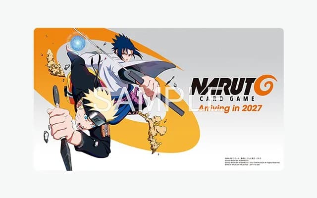 The Naruto Card Game official play mat showing Naruto and Sasuke beside the words Arriving in 2027, marked as a sample
