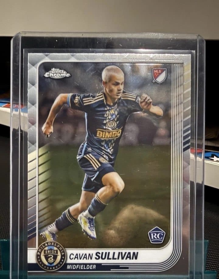 A raw 2025 Topps Chrome MLS Cavan Sullivan rookie card, number 6, in a top loader