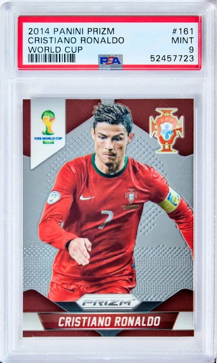 A 2014 Panini Prizm World Cup Cristiano Ronaldo card, number 161, in a PSA 9 slab