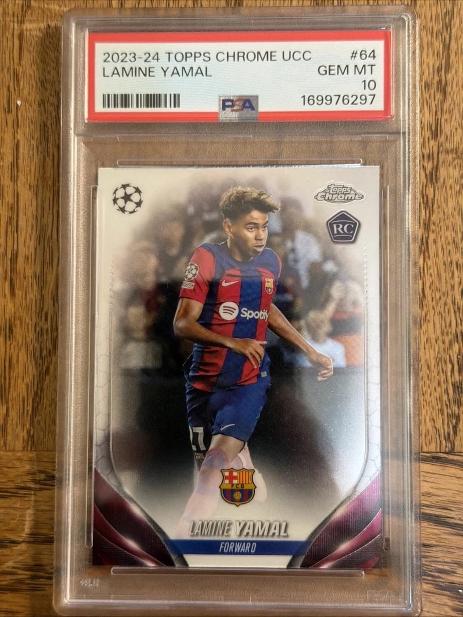 A 2023-24 Topps Chrome UEFA Club Competitions Lamine Yamal rookie card, number 64, in a PSA 10 slab