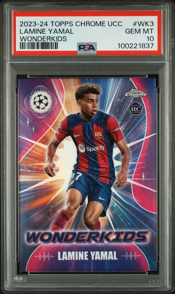 A 2023-24 Topps Chrome UEFA Club Competitions Wonderkids Lamine Yamal card, number WK-3, in a PSA 10 slab