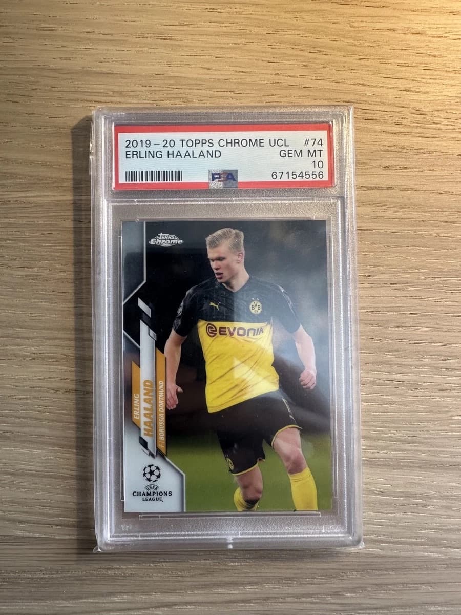 A 2019-20 Topps Chrome UEFA Champions League Erling Haaland card, number 74, in a PSA 10 slab