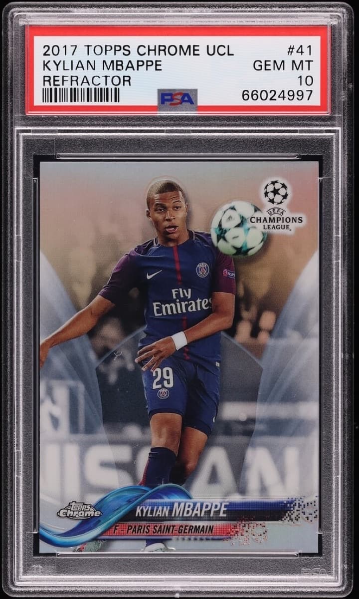 A 2017-18 Topps Chrome UEFA Champions League Refractor Kylian Mbappé card, number 41, in a PSA 10 slab