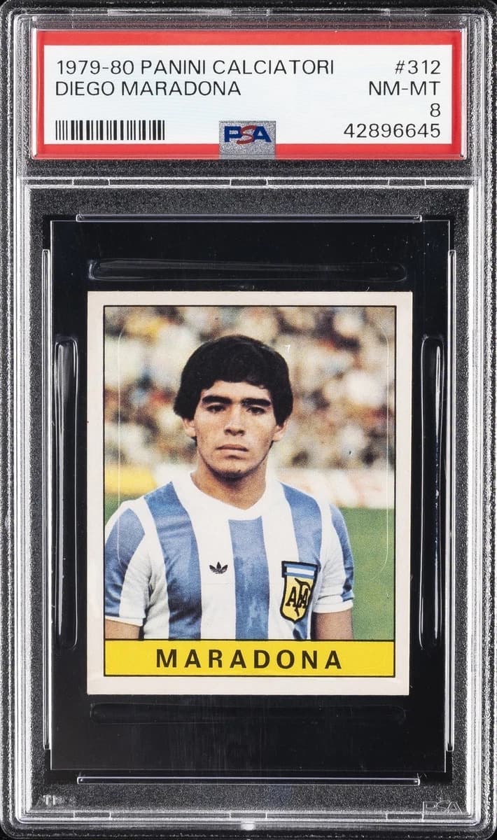 A 1979-80 Panini Calciatori Diego Maradona sticker, number 312, in a PSA 8 slab