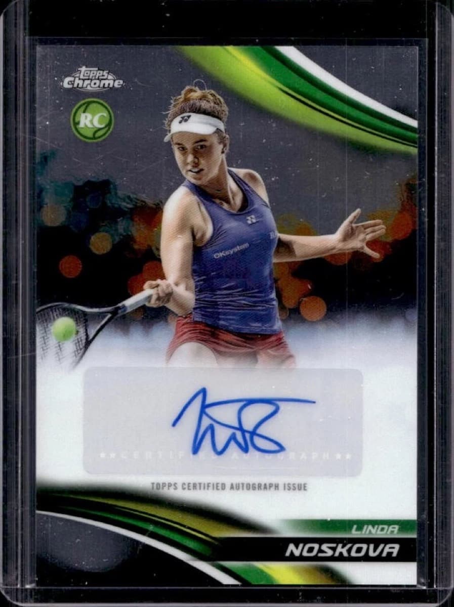 A raw 2025 Topps Chrome Linda Noskova autograph card, number CA-LNA, in a top loader