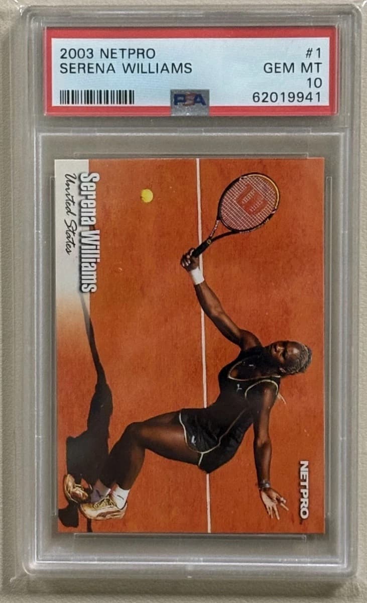 A 2003 NetPro Serena Williams card, number 1, in a PSA 10 slab