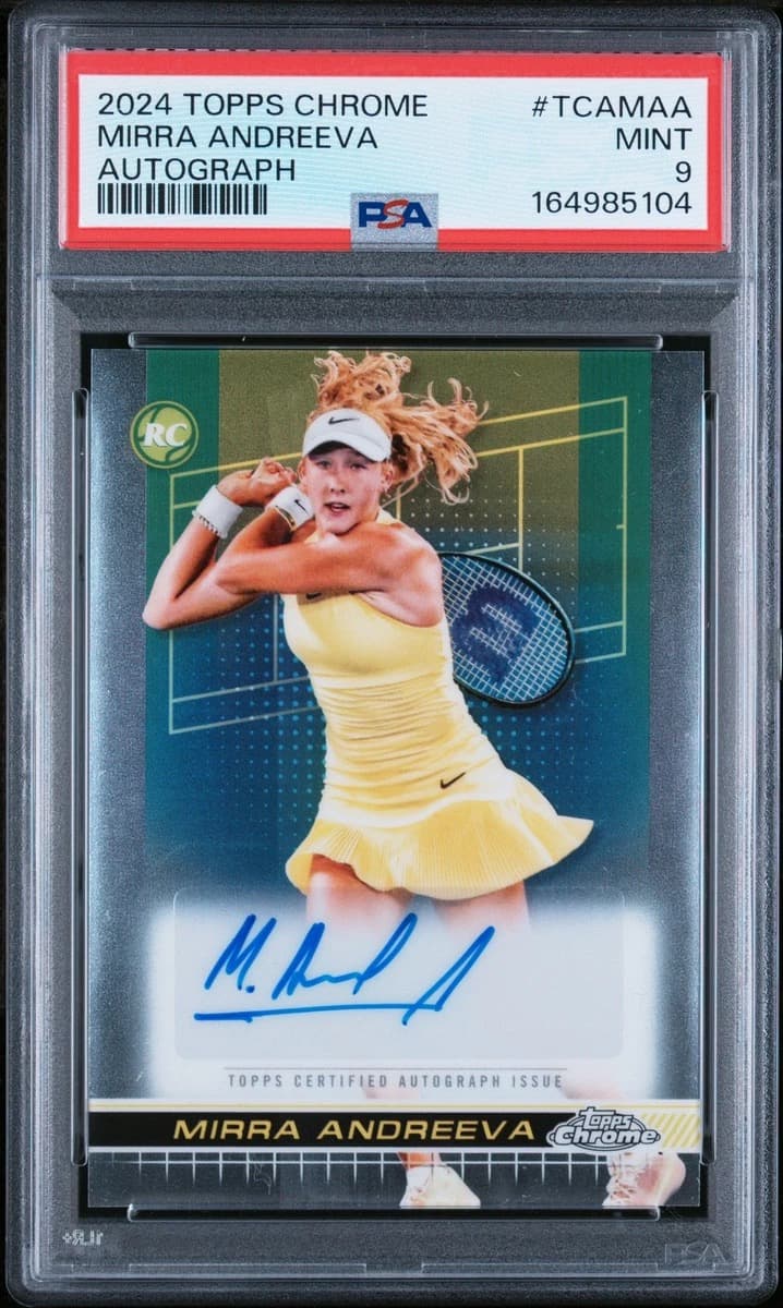 A 2024 Topps Chrome Mirra Andreeva autograph card, number TCA-MAA, in a PSA 9 slab
